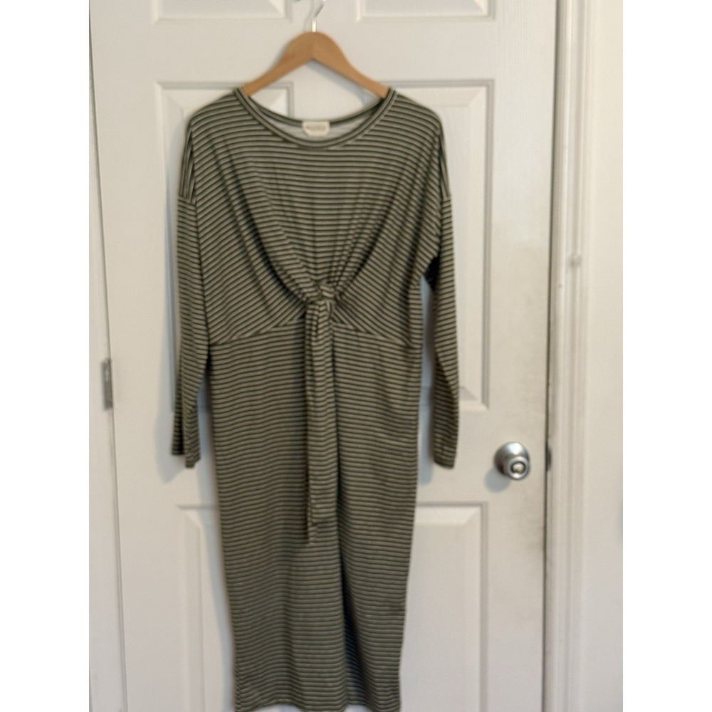 Bella Ella Boutique Green/White Striped Knot Front Midi Dress Long Sleeve L USA